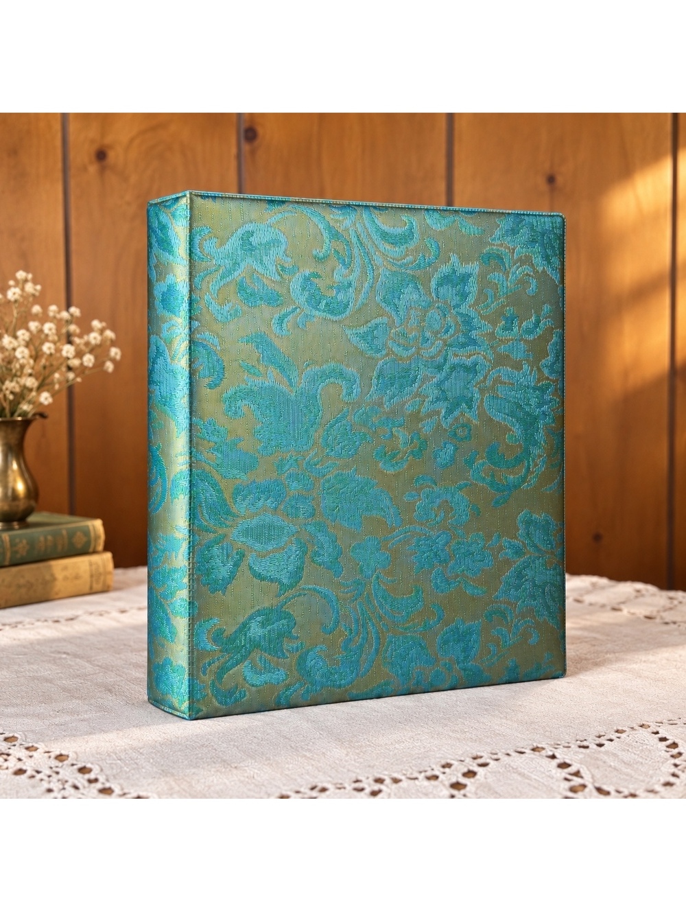 Vintage 1970s Floral Three Ring Binder Metallic Turquoise and Olive Gold